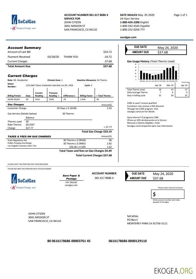 USA California SoCal Gas utility bill template in Word and PDF format